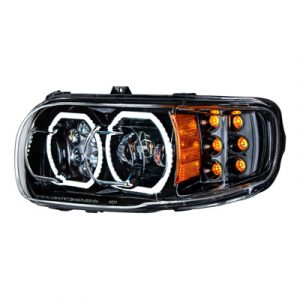 High Power 10 LED Blackout Headlight With 6 LED Turn & 100 LED Halo For 2008-2024 Peterbilt 389- Driver Side Black