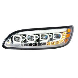 Chrome Quad-LED Headlight With LED DRL & Seq. Signal For 2005-2015 Peterbilt 386- Driver Side