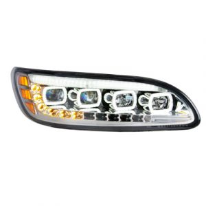 Chrome Quad-LED Headlight With LED DRL & Seq. Signal For 2005-2015 Peterbilt 386- Passenger Side
