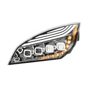 Chrome Quad-LED Headlight With LED DRL & Seq. Signal For 2018-2024 Freightliner Cascadia - Driver Side
