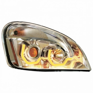 Chrome Projection Headlight W/Dual Function Amber LED Position Lights For 2008-17 FL Cascadia - Passenger